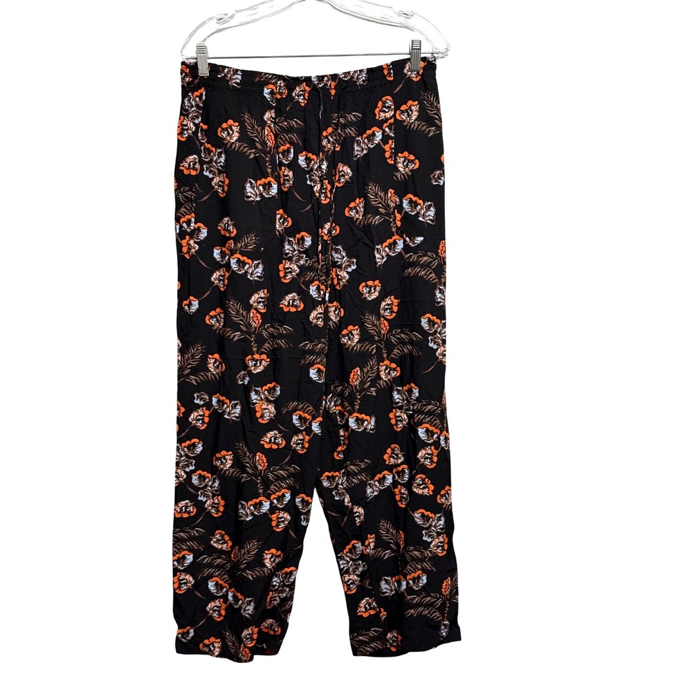 Black Rainn Woman Floral Wide Leg Pants Black Orange Blue Rayon Drawstring Large